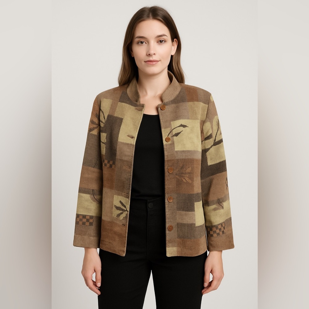 Vintage Patchwork Button Front Jacket Brown Beige… - image 1